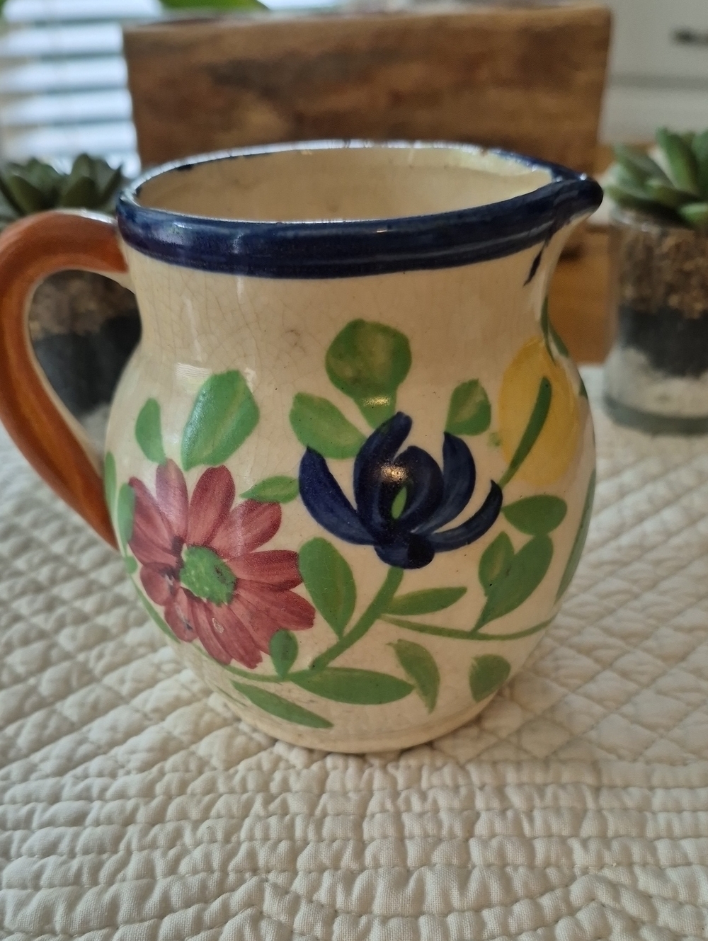 Antique Hand-Painted Floral  Pitcher - Blue, Green, Red Japan